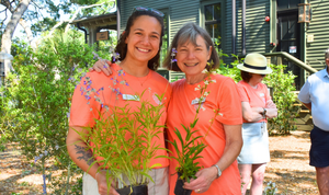 Two smiling women hold potted green plants outside the Charleston Tea Garden building while visitors stand nearby.