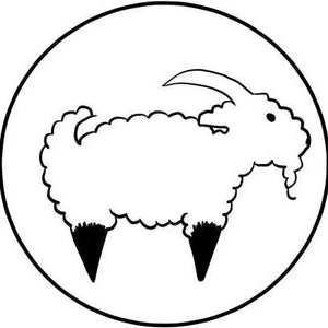 Black and white line illustration of a fluffy sheep with a curved horn and dark legs inside a circular border.