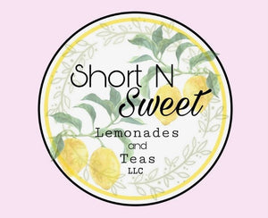 Round Short N Sweet Lemonades and Teas LLC logo with illustrated lemons and green leaves on a pale pink background.