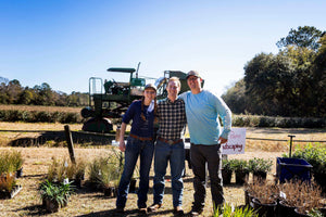 Three visitors pose beside tea fields and farming equipment at Charleston Tea Garden under a clear blue sky.