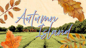 Illustrated autumn landscape with rows of green tea fields, colorful falling leaves, and the decorative text Autumn on the Strand.