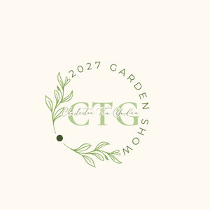 Green floral logo reading 2027 Garden Show with Charleston Tea Garden script and large CTG initials on a cream background