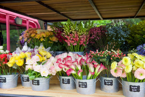 Colorful bouquets of lilies, daisies, and other flowers arranged in metal buckets at an outdoor market stall beneath a wooden canopy.