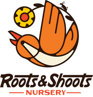 Roots and Shoots Nursery logo featuring a stylized orange bird, yellow sun, and bold brown and orange lettering on a transparent background