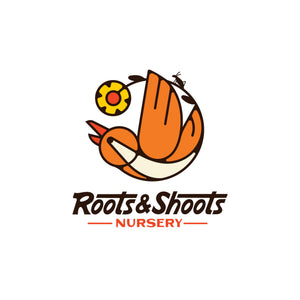 an orange bird makes a circle with a flower and grasshopper at the top, with the words Roots and Shoots Nursery written in brown and orange lettering the same colors are also shared by the bird
