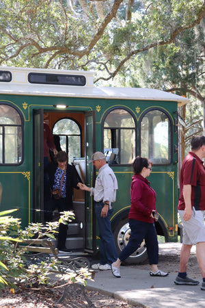 An image of a trolley tour at Charleston Tea Garden and Charleston tea plantation.
