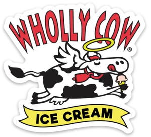 Wholly Cow Ice Cream logo featuring a cartoon black and white cow with wings halo and red cape above a yellow banner reading Ice Cream