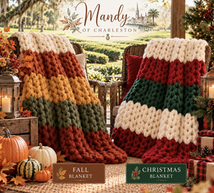Two chunky knit blankets in autumn and Christmas colors drape over chairs beside pumpkins and greenery, with manicured tea fields visible through the porch.