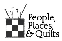 Black and white People, Places and Quilts logo with a patchwork quilt square and vintage television antenna illustration beside the text