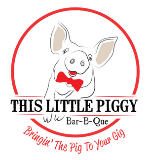 Illustrated pig logo with the words This Little Piggy Bar B Que and Bringing the Pig to Your Gig in a red and black circular design